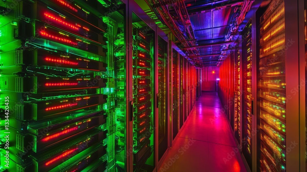 Poster exploring advanced server infrastructure futuristic server room digital art high-tech environment ae