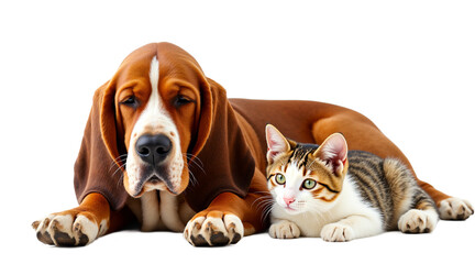 Basset hound puppy and tabby cat, friendship, isolated on transparent background. Calm, affectionate pets for heartwarming designs, animal care, and pet adoption themes.