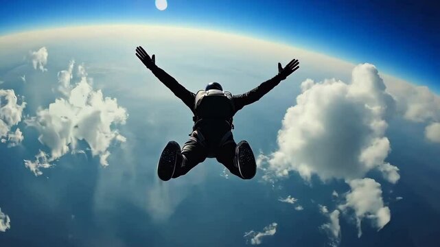 Skydiver Freefall with Arms Outstretched, Surrounded by Clouds and Clear Blue Sky, Captures Thrill and Freedom of Skydiving Adventure, Horizon Curves Distance, Adding to Sense of Parachute Jump and
