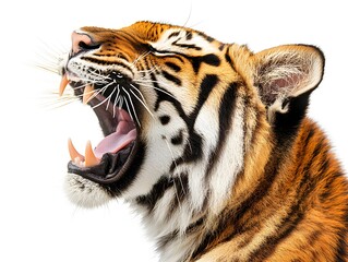 Obraz premium A majestic tiger roars with its mouth wide open showcasing teeth and powerful fangs against a pure white background.