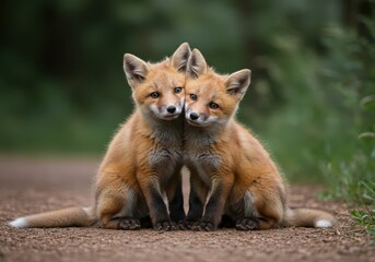 Fototapeta premium Two Baby Foxes Sitting Together in the Forest