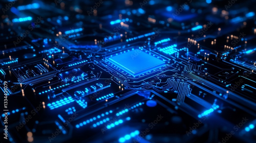 Poster exploring semiconductor nano circuits future lab gigapixel image high-tech environment close-up view
