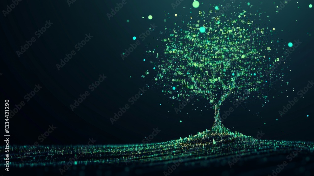 Poster exploring futuristic digital data points virtual reality interactive media cyber space high-tech con