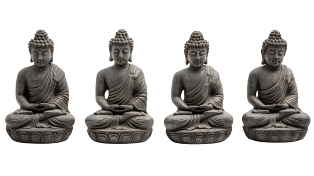Four stone buddha statues in meditative pose