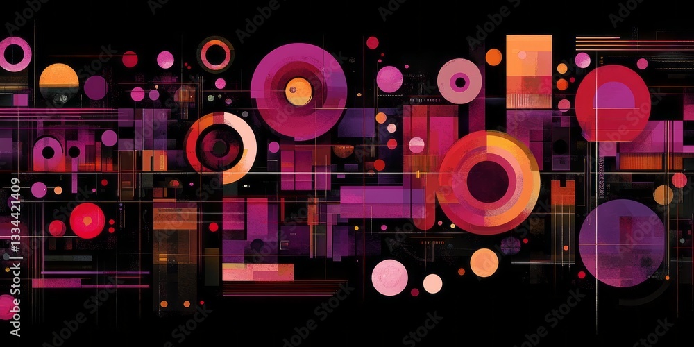 Poster abstract geometric composition with circles and rectangles on black background