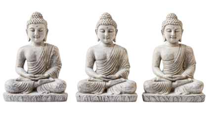 Three stone buddha statues in meditative pose with intricate design
