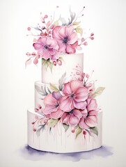 Delicate Watercolor Illustration of a Closeup Wedding Cake with Intricate Sugar Flowers