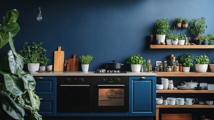 Stylish kitchen with dark blue walls, white counters, and lush greenery. A modern, calming space with natural wood accents