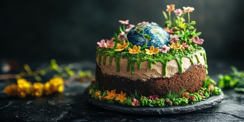 Delightful cake decorated with flowers and an Earth globe on top in a dark kitchen setting