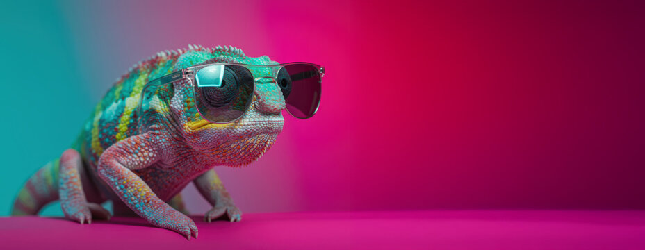 Colorful Chameleon Staring at the Camera on a Neon Background