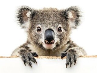 Fototapeta premium An adorable baby koala bear cub peeking over a white sign with its paws showing cute fluffy fur.