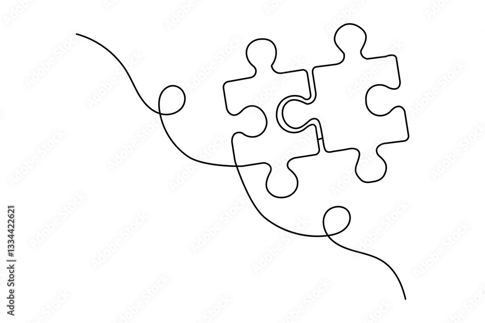 Poster continuous one line drawing of puzzle isolated outline vector art white background