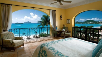 Fototapeta premium Five-star hotel room with a spacious balcony, stylish seating area, and a breathtaking ocean view.