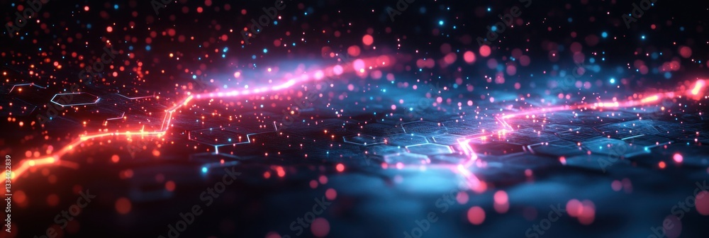Poster futuristic digital art with glowing hexagons and wave patterns for technology themes