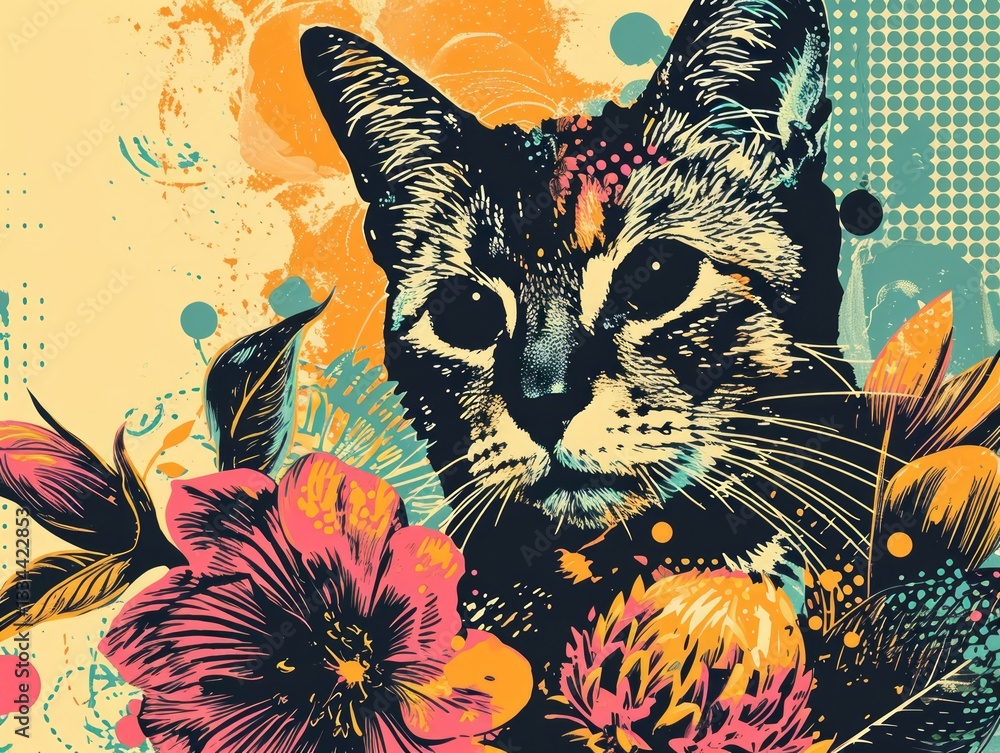 Aufkleber artistic rendition of a feline face intertwined with vibrant floral elements and a dynamic multicolo
