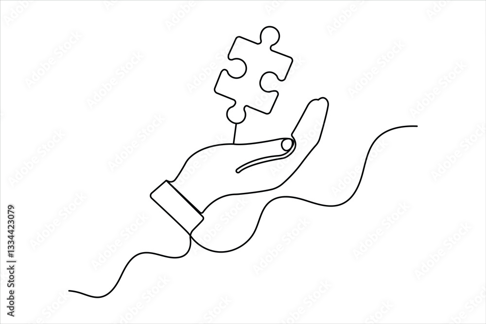 Poster continuous one line drawing of puzzle isolated outline vector art white background