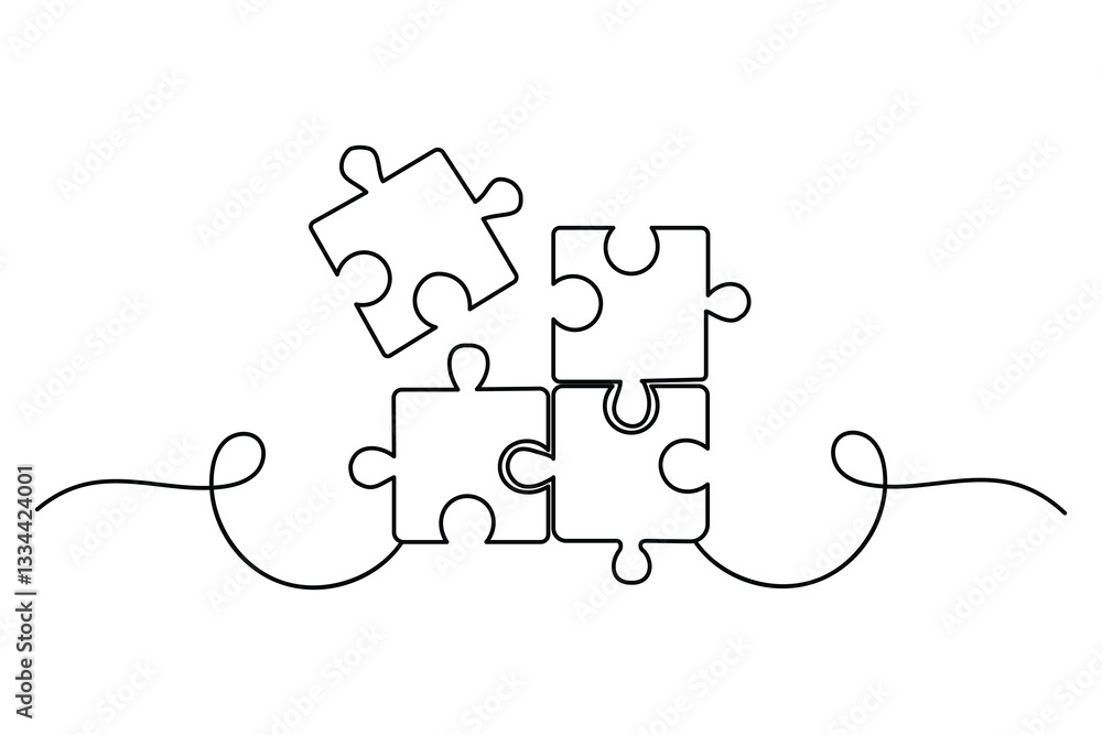 Poster continuous one line drawing of puzzle isolated outline vector art white background