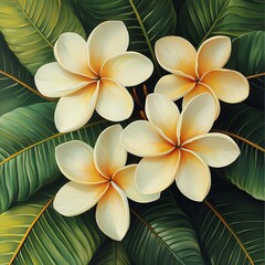 Obraz premium Beautiful plumeria flowers with green leaves.