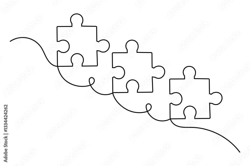 Poster continuous one line drawing of puzzle isolated outline vector art white background