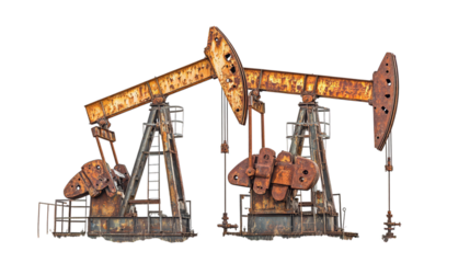 Rusty oil pumpjacks with weathered metal structure on transparent background