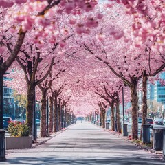 A beautiful avenue lined with blooming cherry blossom trees in springtime.