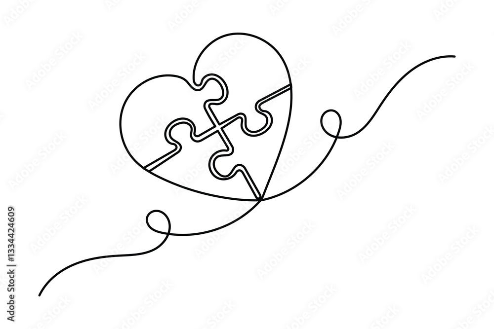 Poster continuous one line drawing of puzzle isolated outline vector art white background