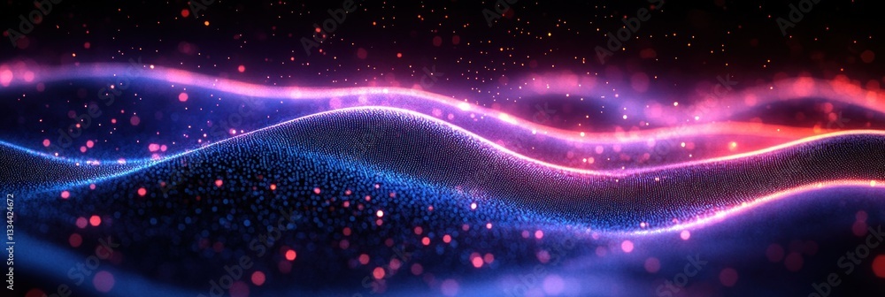Poster futuristic abstract background with glowing hexagons, wavy lines and neon colors in a cyberpunk styl
