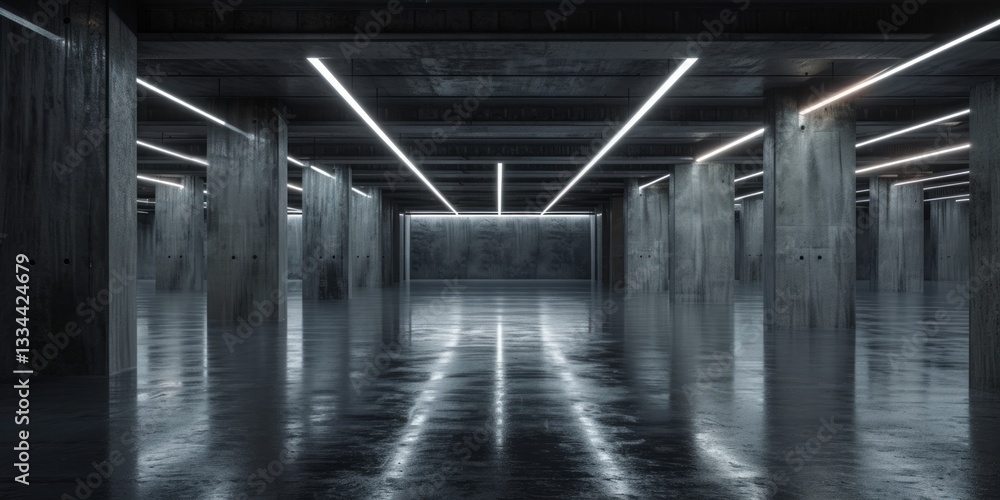 Poster atmospheric view of a wet, polished concrete parking garage with symmetrical rows of columns and lin