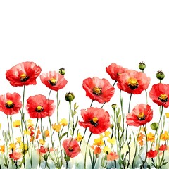 Fototapeta premium Red Poppies and Wildflowers Watercolor Painting A Floral Border Design.