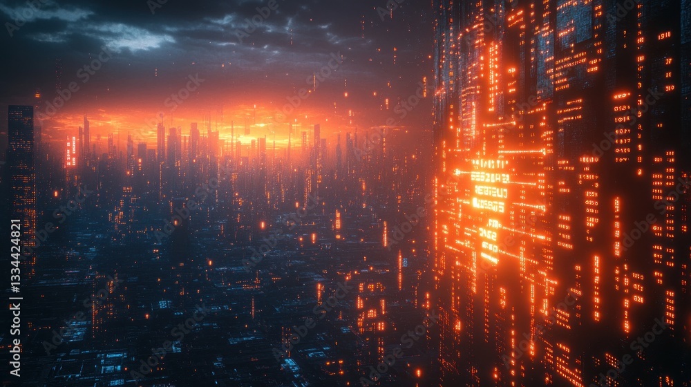 Poster futuristic cityscape with financial data visualization cyberpunk style glowing graphs and charts