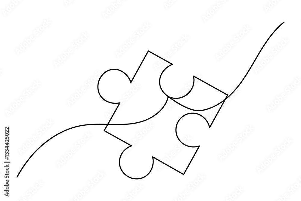 Poster continuous one line drawing of puzzle isolated outline vector art white background