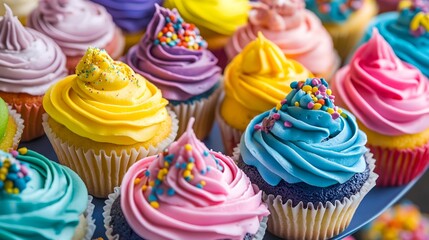 Close up shot of several colorful frosted cupcakes arranged on a blue surface plate