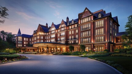 Naklejka premium Grand luxury hotel exterior with a sophisticated driveway, warm lighting, and an elegant facade.