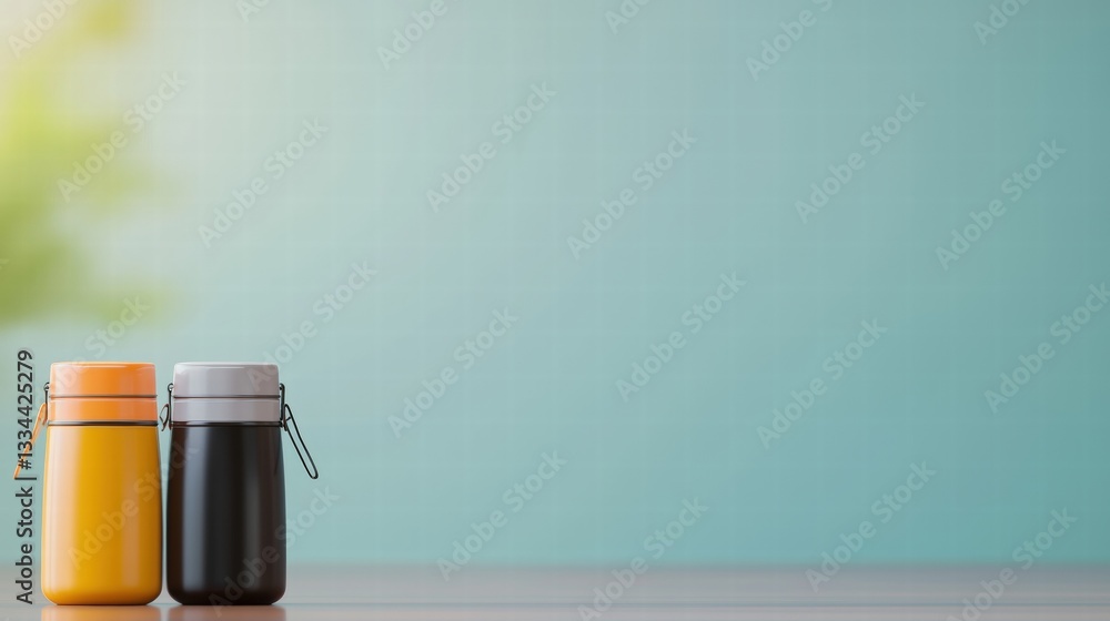 Poster two bottles of refreshing juice placed on a table surrounded by a colorful array of fruits and ingre