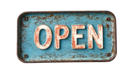 Rustic vintage open sign with worn blue metal background and red lettering