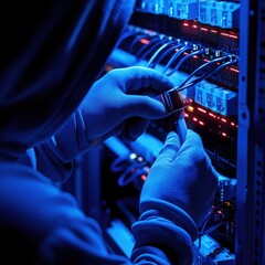 Technician Working on Server Rack in Blue LED Lighting Environment