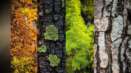 Obraz premium A series of close-up shots of different types of moss growing on tree bark in the forest.