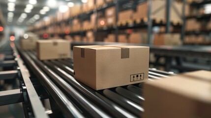 Automated Distribution Center Conveyor Belt System Transporting Cardboard Boxes for Efficient Logistics and Shipping Operations in a Modern Warehouse Facility