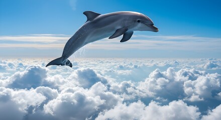 Fototapeta premium Surreal Dolphin Jumping Above the Clouds in a Dreamlike Sky
