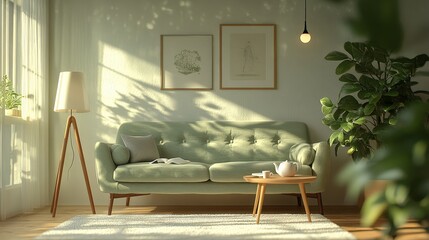 Sun-drenched living room rendered in 3D. Cozy green sofa, warm wood tones, and inviting details create a peaceful, relaxing space