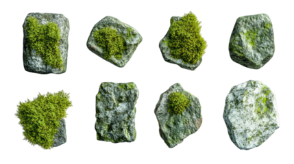 Collection of moss-covered stones and rocks isolated on transparent background