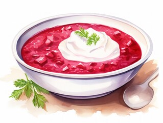 Delicious homemade borscht with sour cream in a bowl on a white background minimalistic watercolor illustration