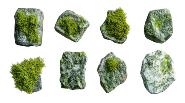 Collection of moss-covered stones and rocks isolated on transparent background