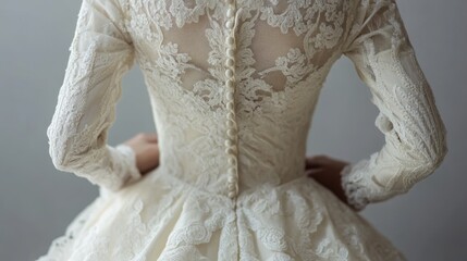 Back view of an elegant long-sleeved white lace gown with button details for a special day event, close up shot.