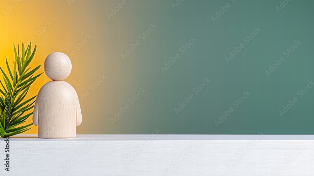 Poster artistic wooden figure displayed on a shelf surrounded by various decorative items and textures