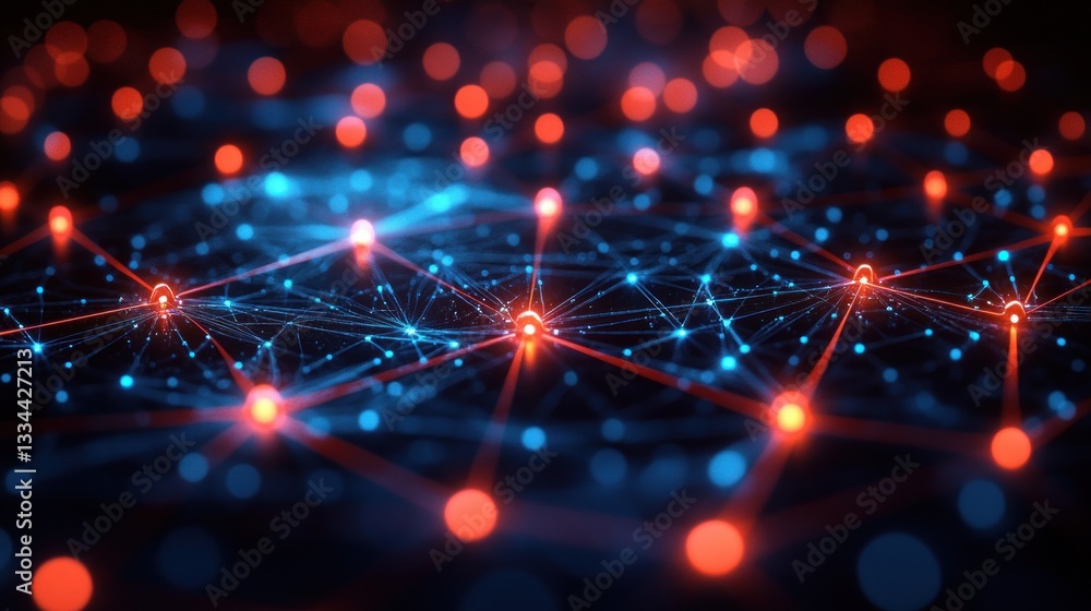 Poster futuristic digital grid with glowing red and blue nodes connected by neon lines