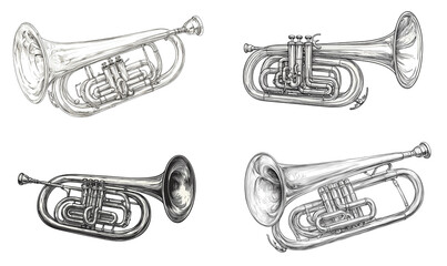 Naklejka premium Illustrations of Four Different Flugelhorns Musical Instruments isolated with Transparent Background