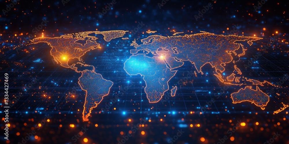 Aufkleber futuristic global network visualization connecting people and data with digital art