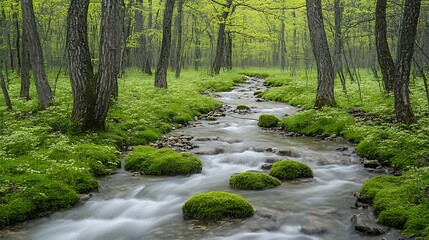 Obraz premium Serene stream flows through lush, mossy forest.