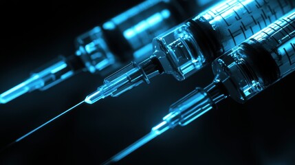 Glowing Syringes with Needle Tips in Dark Background for Medical Use